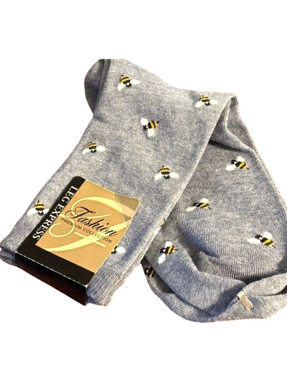 Womens Fashion Leg Express Bee Print Crew Socks 1 Pr Sz 4-10 Gray Yellow NWT - Picture 5 of 7